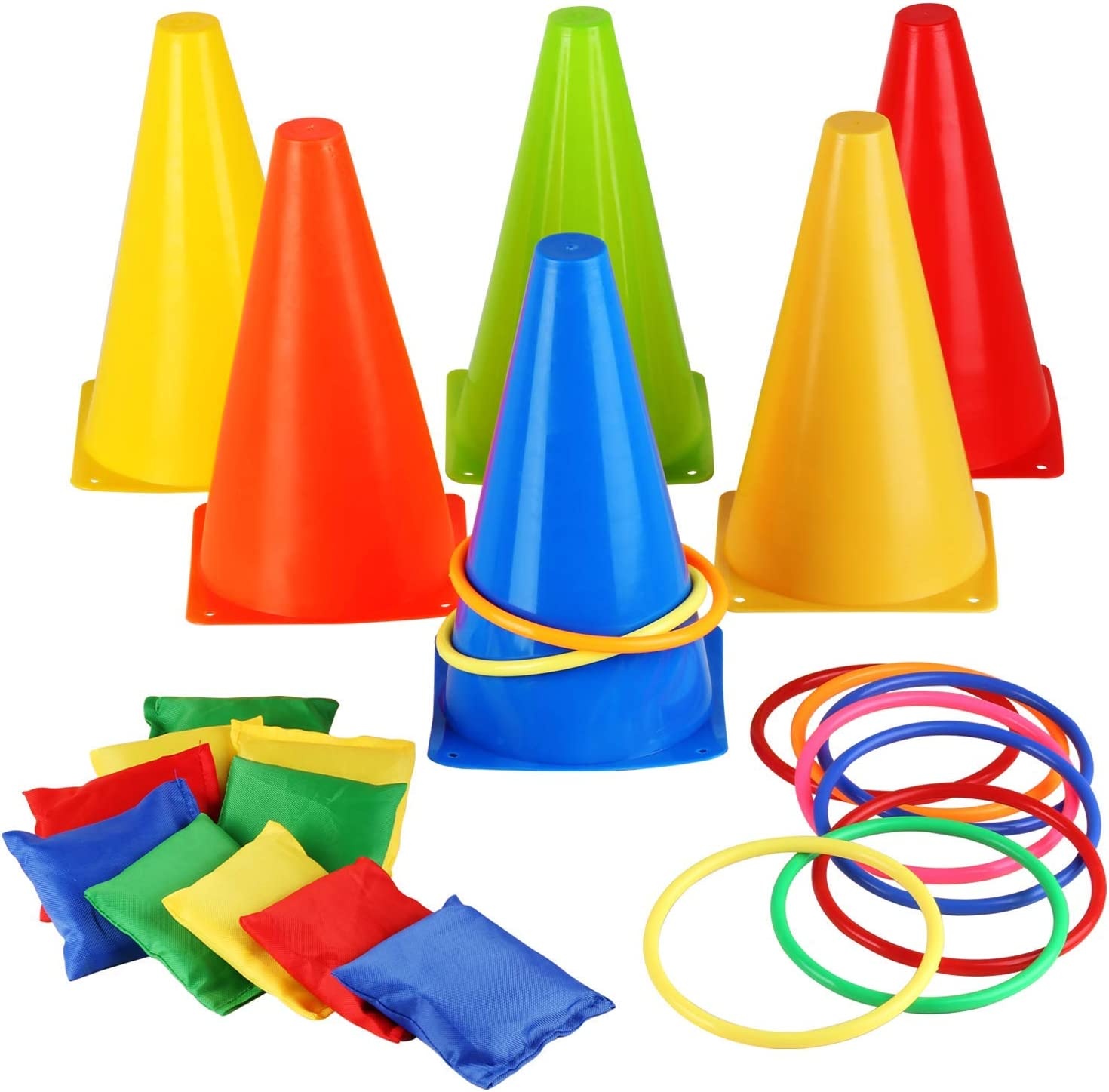 3 in 1 Carnival Games Set, Soft Plastic Cones Bean Bags Ring Toss Games for Kids Birthday Party Outdoor Games Supplies 26 Piece Combo Set