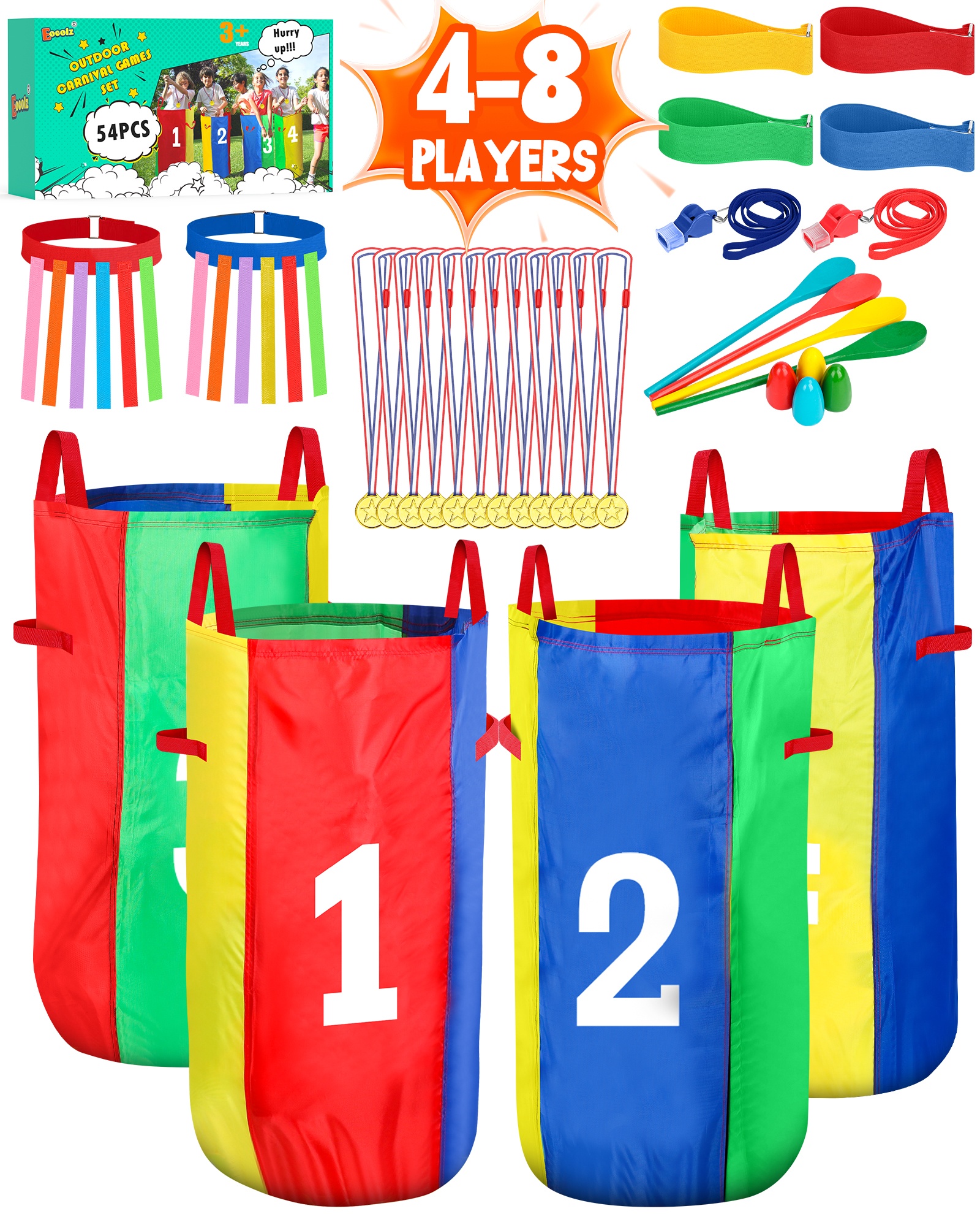 Eocolz Outdoor Carnival Games, Potato Sack Bags for Kids Adults, Egg Spoon Relay Race, 3 Legged Race Bands, Catch Tail Games, Birthday Party, Field Day Family Day Yard Lawn Easter Fall Festival Games