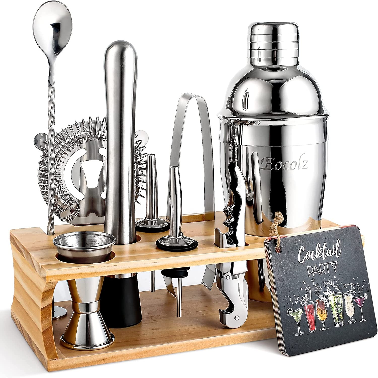 Bartender Kit Cocktail Shaker Set with Stand Bar Tool Bar Set for Drink Mixing Home Bartending Kit 11-Piece Bar Cart Accessories: Martini Shaker, Mixer Spoon, Jigger, Muddler, Strainer & Recipes Gifts